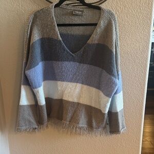 Wooden Ships Grey and Blue Striped V-Neck Sweater